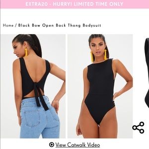 PLT Black Bow Open Back Thong Bodysuit
